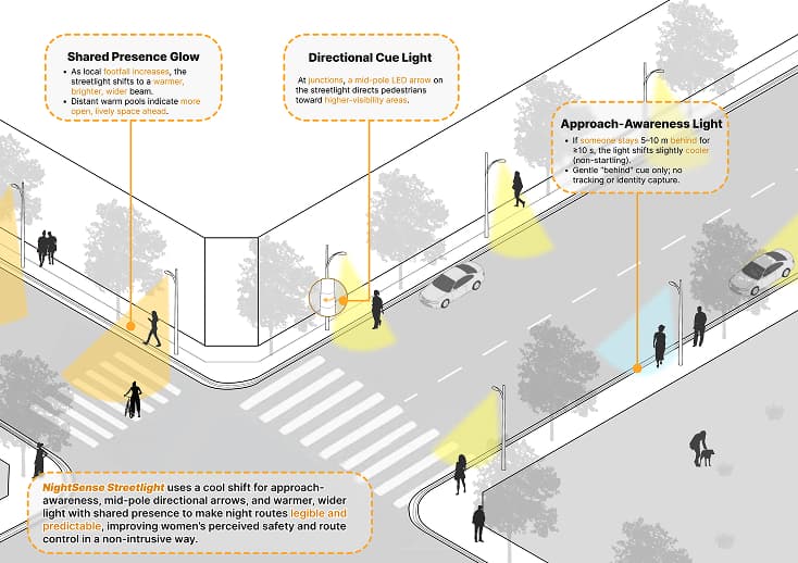 System drawing showing the NightSense streetlight concept and its three light languages.