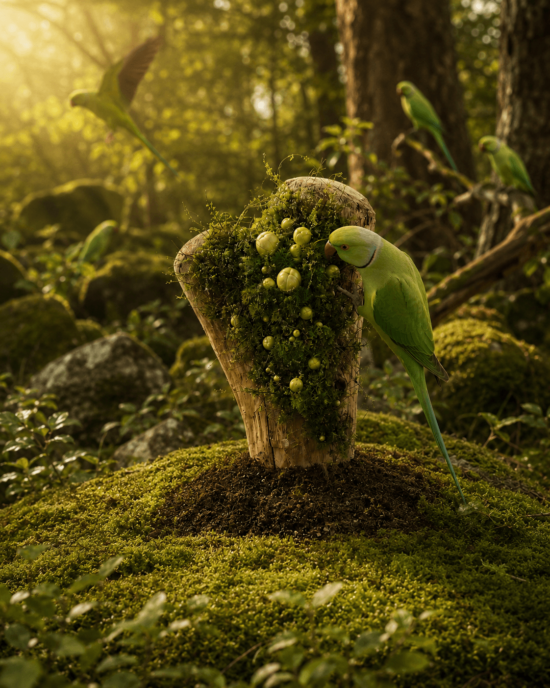 Scenario image showing ring-necked parakeets accessing the gall pods on a tree.