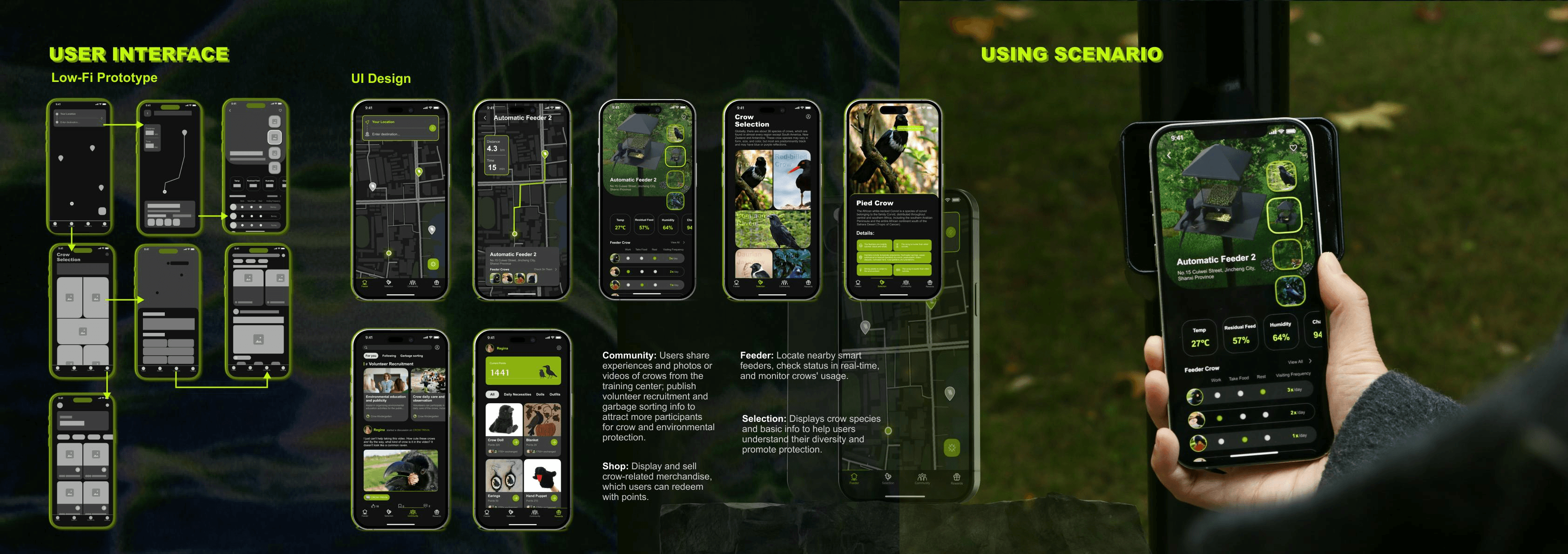 Interface design showing the resident app for locating feeders, checking crow activity and joining community waste sorting.