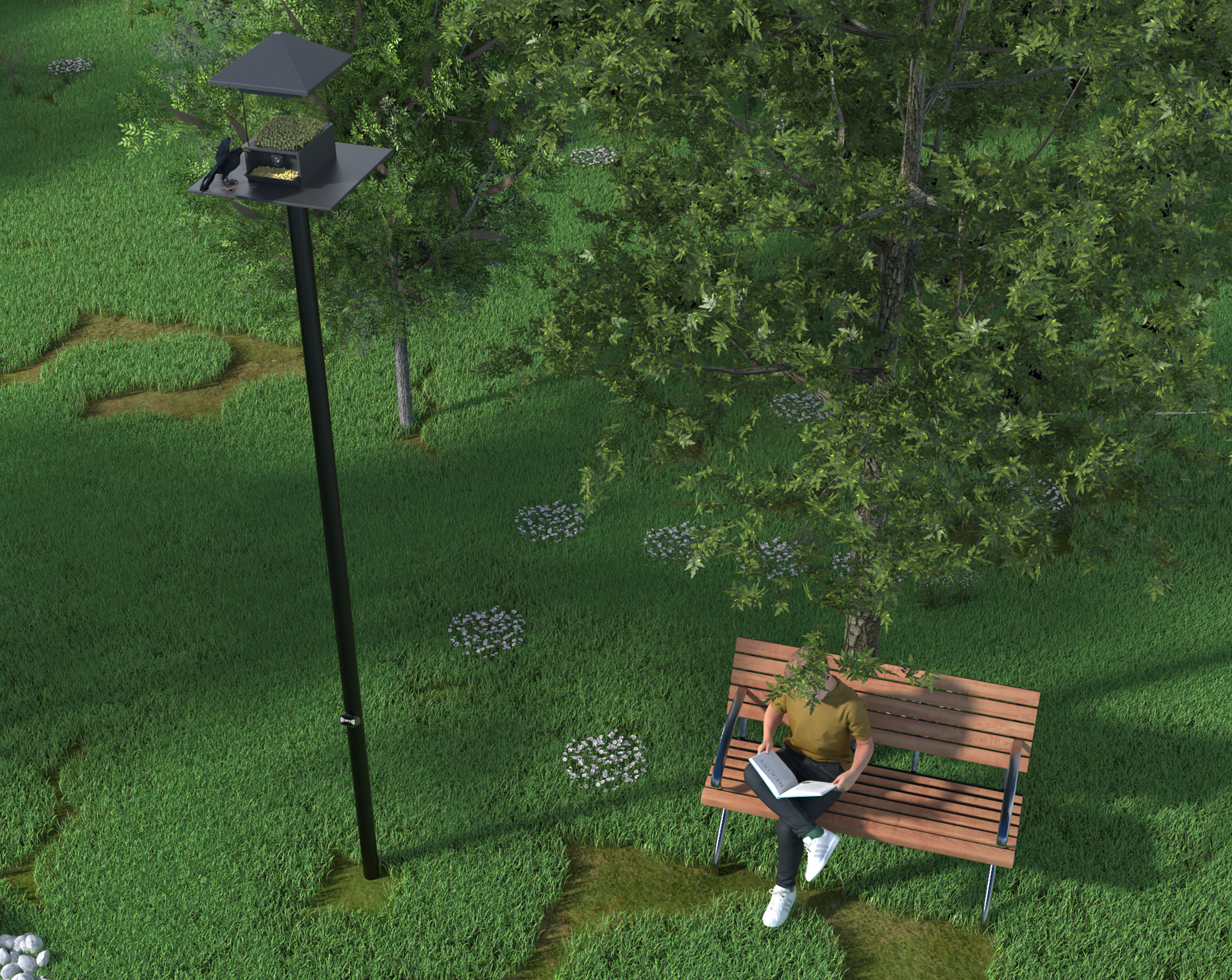 WasteWarden community scenario showing people, trained crows and the waste sorting service in use.