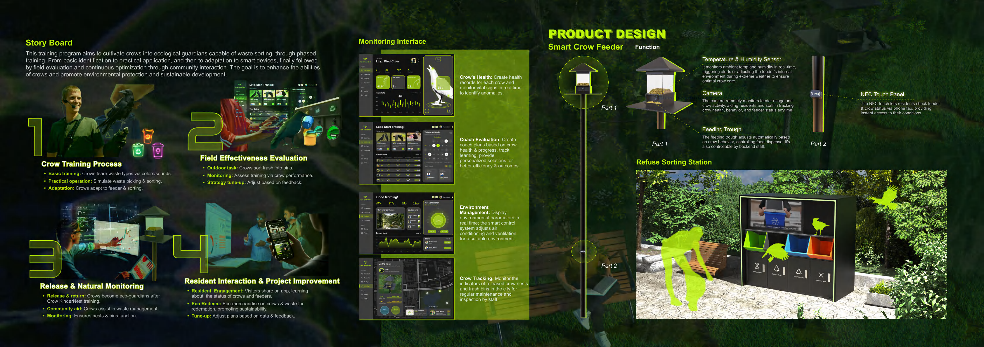 Product design image showing the smart crow feeder and refuse sorting station.