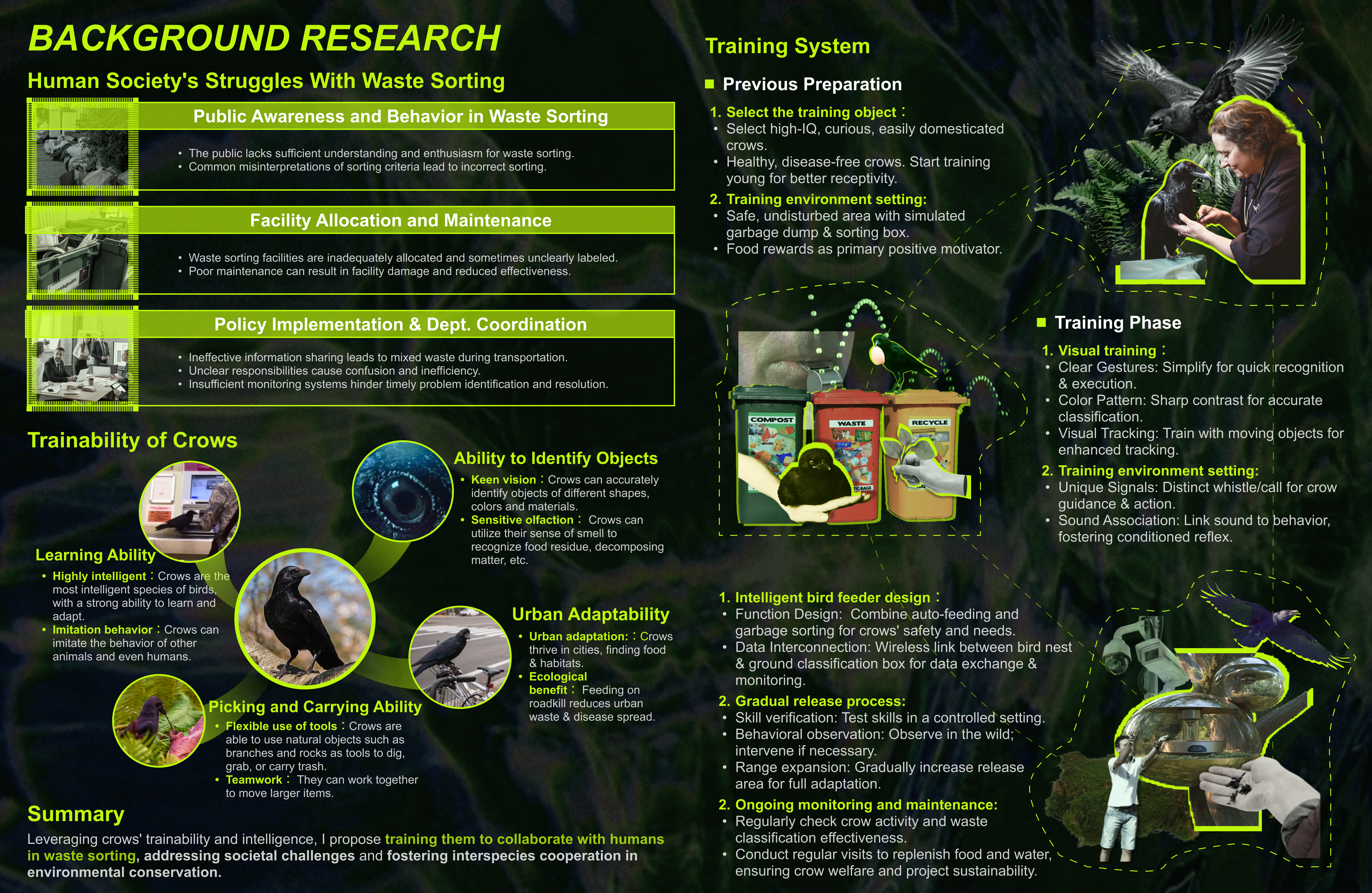 Research diagram showing urban waste sorting problems and the trainability of crows.